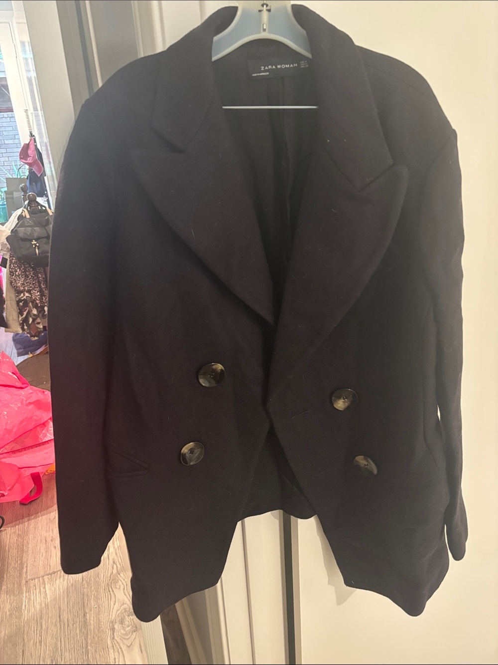 Zara Women's Black Double-Breasted Pea Coat with Wide Lapels